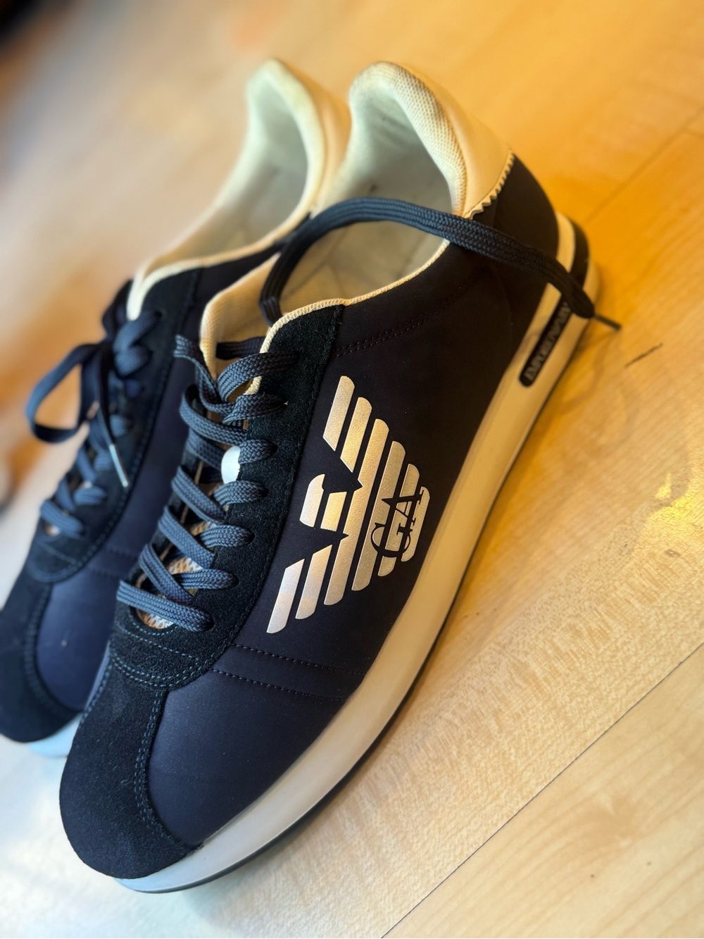 Emporio Armani Navy and White Low-Top Logo Sneakers for Men